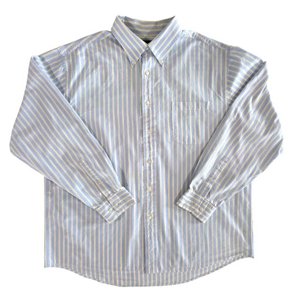 George Blue White Yellow Striped Long Sleeve Button Down Dress Shirt Size XL
